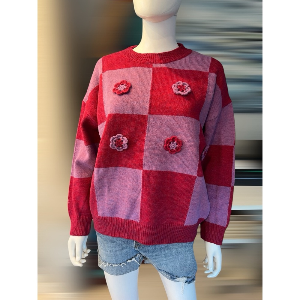 ENTRO Checker detailed crewneck sweater S M L - Picture 7 of 10